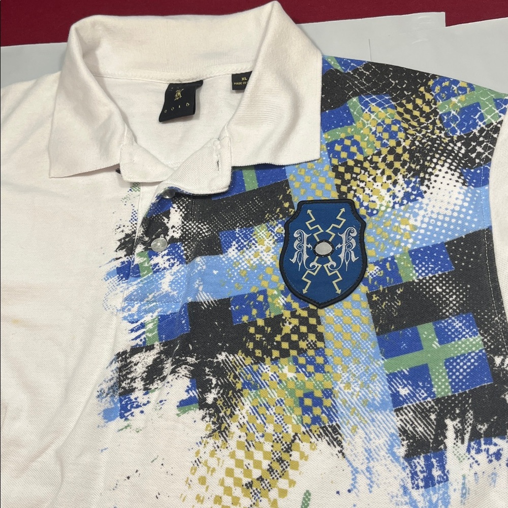 Kani Gold Knit Polo Shirt Mens XL White Blue Black Plaid Hip Hop Vintage crest